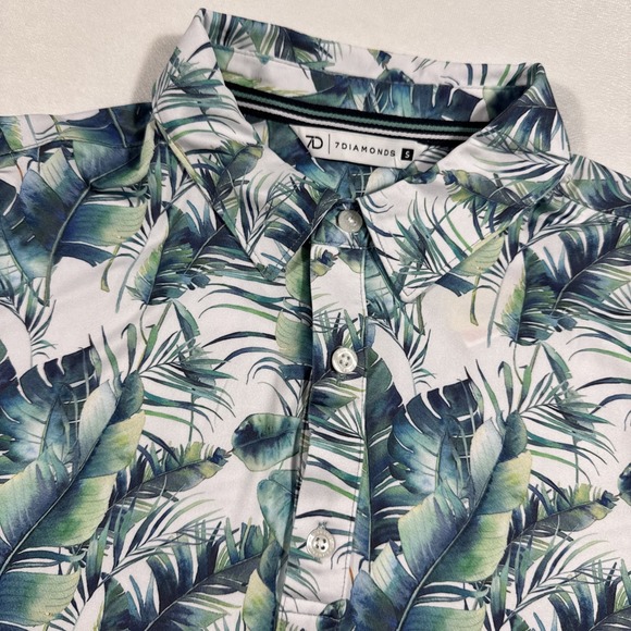 7 Diamonds Polo Shirt Mens S Blue Green Golf 4 Way Stretch Tropical Leaves‎ NEW - Picture 1 of 9